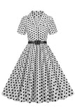 Hepburn Style V Hals Blauwe Polka Dots 1950s Jurk