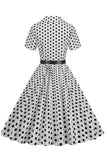 Hepburn Style V Hals Blauwe Polka Dots 1950s Jurk