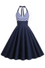 Afbeelding in Gallery-weergave laden, Halter streep blauwe swing retro jurk met zakken