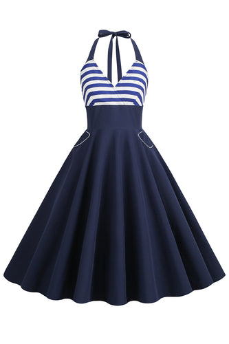 Halter streep blauwe swing retro jurk met zakken