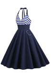 Halter streep blauwe swing retro jurk met zakken