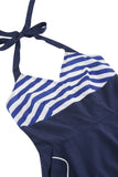 Halter streep blauwe swing retro jurk met zakken