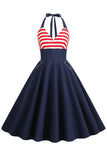 Halter streep blauwe swing retro jurk met zakken