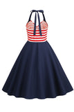 Halter streep blauwe swing retro jurk met zakken