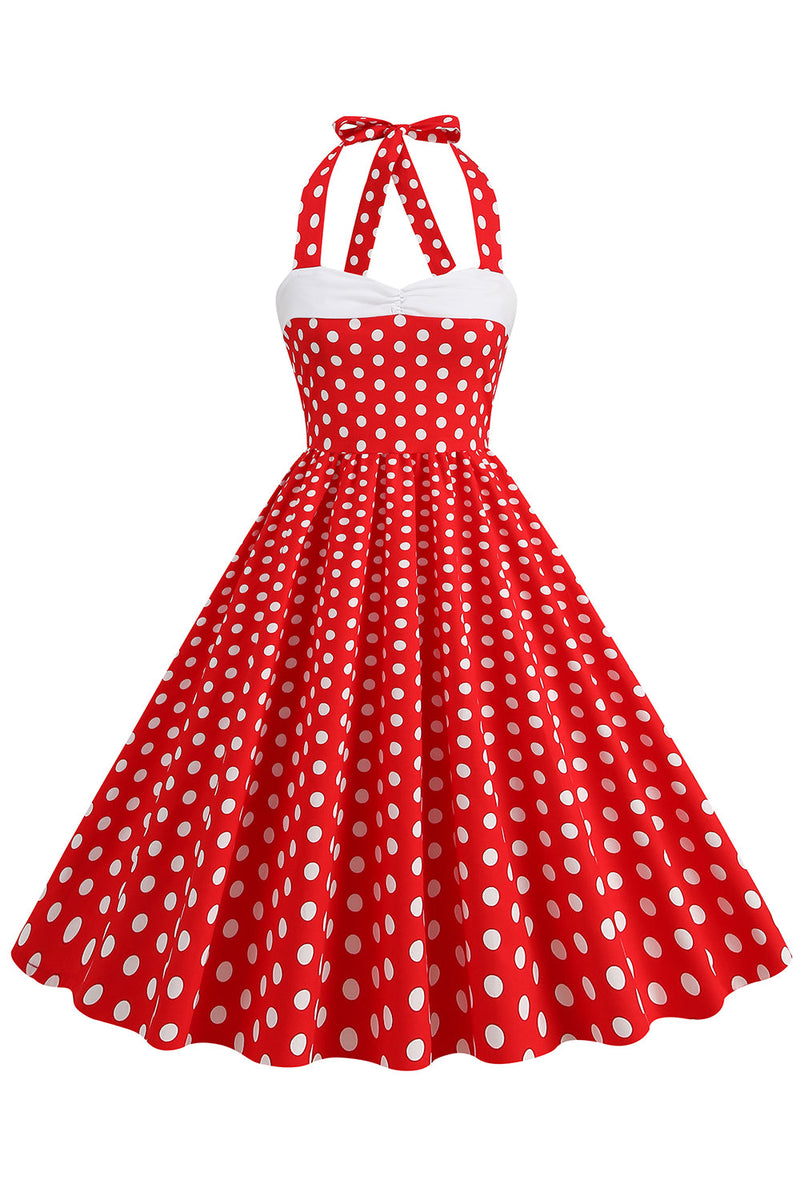 Afbeelding in Gallery-weergave laden, Rode Halter Polka Dots 1950s Jurk