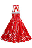 Rode Halter Polka Dots 1950s Jurk