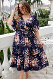 Plus size V hals marine zomerjurk met korte mouwen