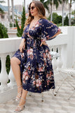 Plus size V hals marine zomerjurk met korte mouwen