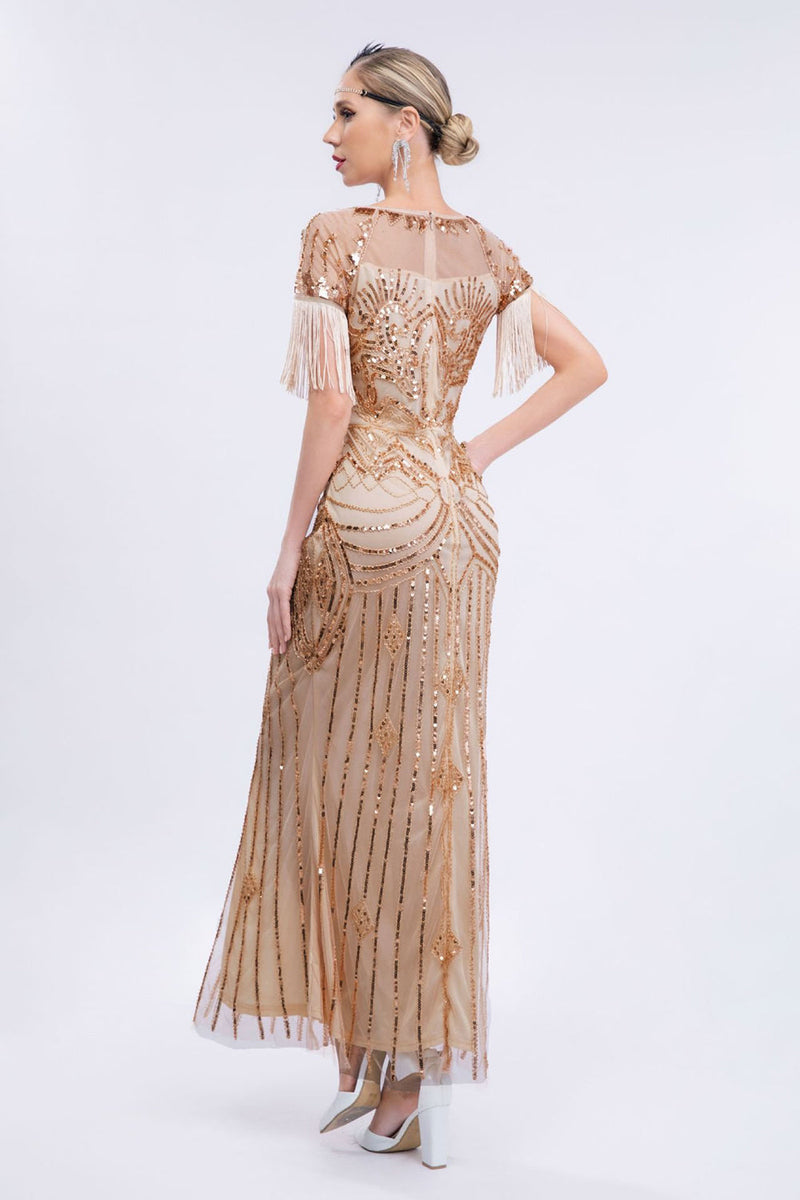 Afbeelding in Gallery-weergave laden, Champagne Beaded Long Gatsby Fringed Flapper Jurk