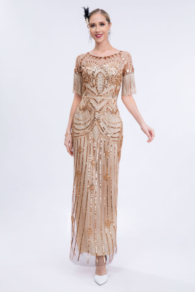 Afbeelding in Gallery-weergave laden, Champagne Beaded Long Gatsby Fringed Flapper Jurk