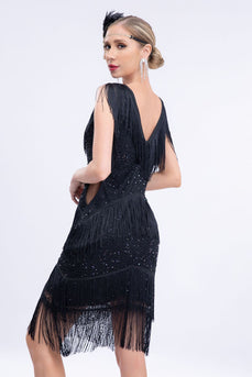 V-hals zwart kralen brullende 20s Gatsby franje flapper jurk