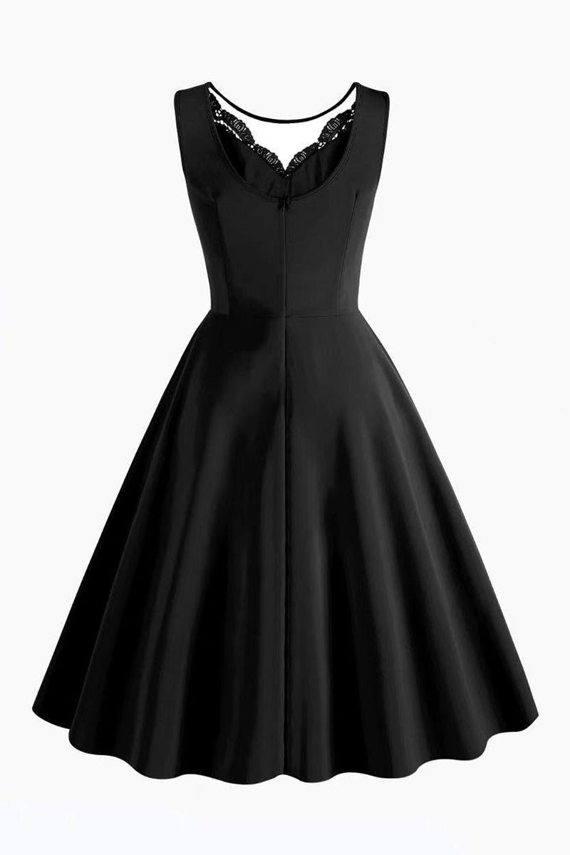 Afbeelding in Gallery-weergave laden, Zwarte mouwloze A lijn jaren 1950 jurk met kant