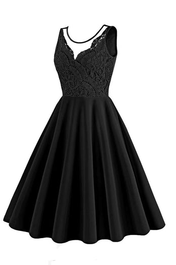 Zwarte mouwloze A lijn jaren 1950 jurk met kant