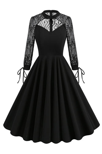 Zwarte A lijn lange mouwen 1950s jurk met kant