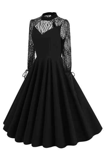 Zwarte A lijn lange mouwen 1950s jurk met kant
