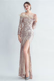 Sprankelende Off The Shoulder Pailletten Gouden Galajurk met Veren