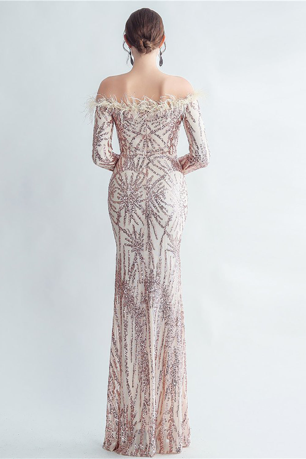 Sprankelende Off The Shoulder Pailletten Gouden Galajurk met Veren