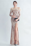 Sprankelende Off The Shoulder Pailletten Gouden Galajurk met Veren