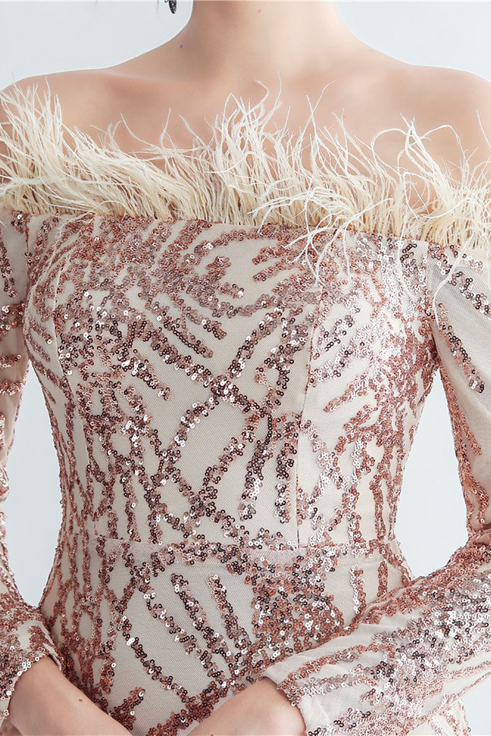 Sprankelende Off The Shoulder Pailletten Gouden Galajurk met Veren