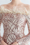 Sprankelende Off The Shoulder Pailletten Gouden Galajurk met Veren