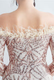 Sprankelende Off The Shoulder Pailletten Gouden Galajurk met Veren