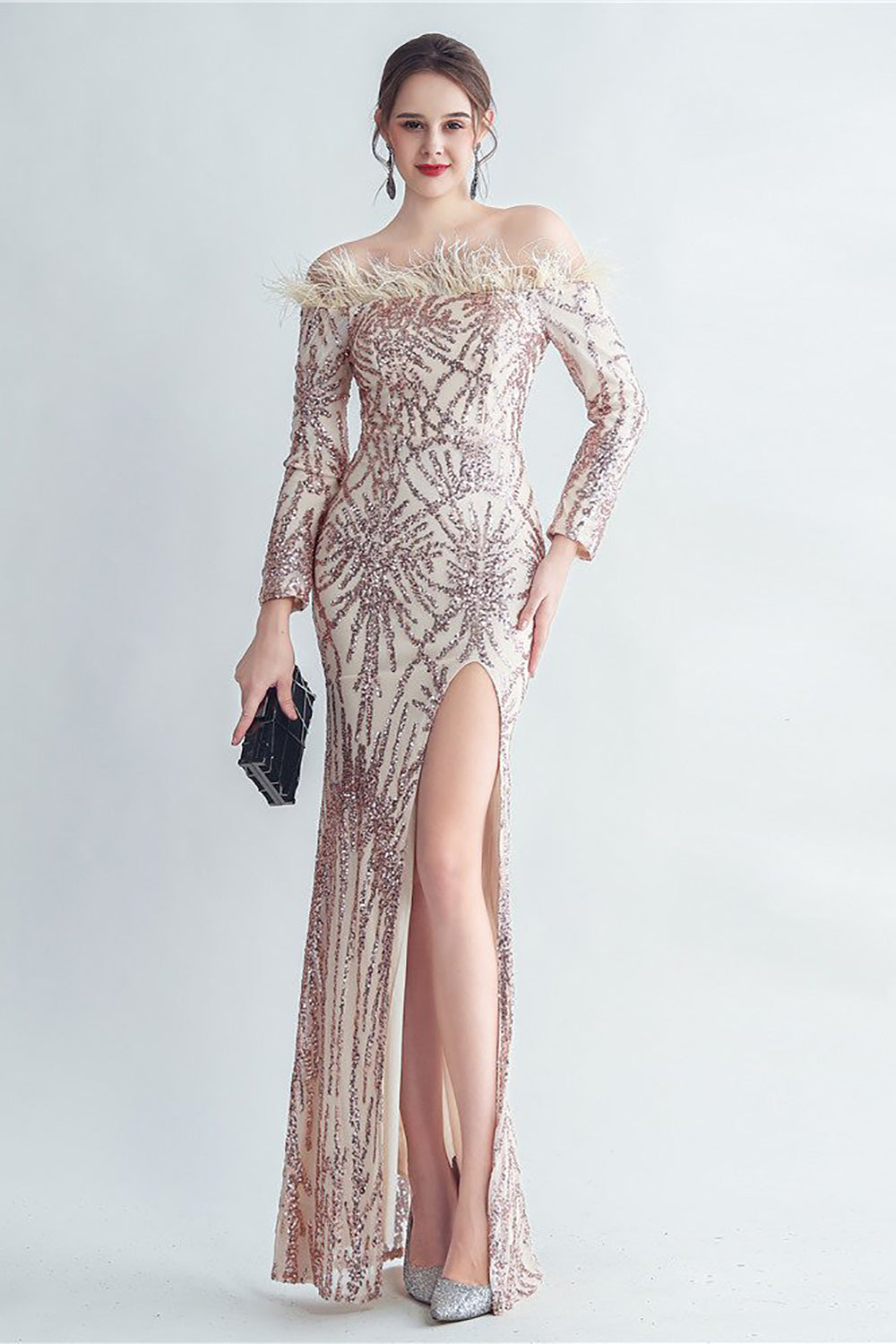 Sprankelende Off The Shoulder Pailletten Gouden Galajurk met Veren