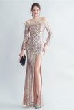 Sprankelende Off The Shoulder Pailletten Gouden Galajurk met Veren