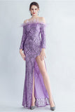 Sprankelende Off The Shoulder Pailletten Gouden Galajurk met Veren