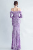 Sprankelende Off The Shoulder Pailletten Gouden Galajurk met Veren