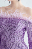 Sprankelende Off The Shoulder Pailletten Gouden Galajurk met Veren
