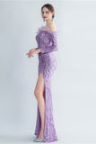 Sprankelende Off The Shoulder Pailletten Gouden Galajurk met Veren