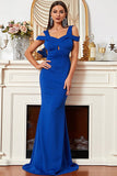 Satijn Zeemeermin Koude Schouder Royal Blue Galajurk