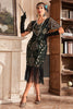 Afbeelding in Gallery-weergave laden, Donkergroene V-hals franje jaren 1920 Gatsby jurk met pailletten