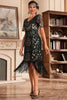 Afbeelding in Gallery-weergave laden, Donkergroene V-hals franje jaren 1920 Gatsby jurk met pailletten
