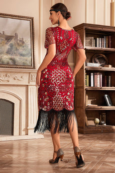 Rode V-hals franje 1920s Gatsby jurk met pailletten