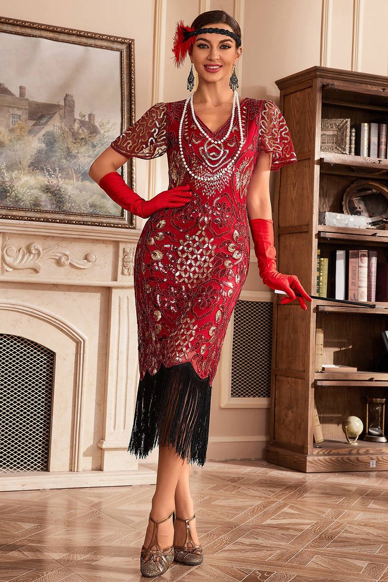 Afbeelding in Gallery-weergave laden, Rode V-hals franje 1920s Gatsby jurk met pailletten