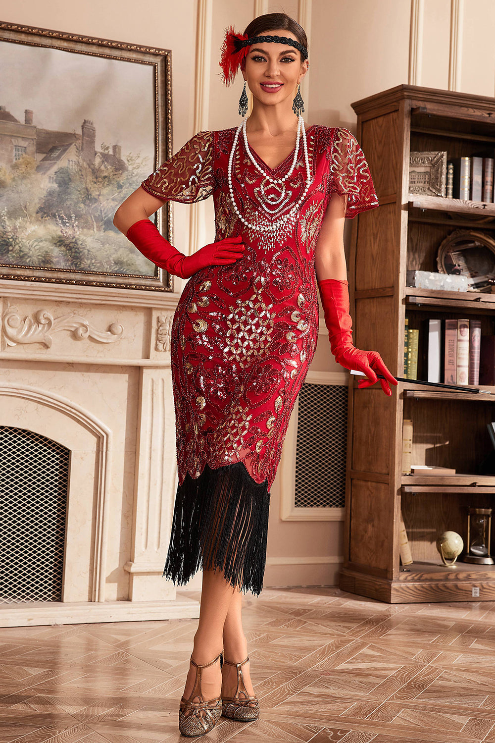 Rode V-hals franje 1920s Gatsby jurk met pailletten