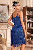 Royal Blue Spaghetti Straps Fringed Roaring 20s Great Gatsby Jurk