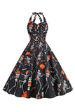 Halloween Black Halter Pompoen Bedrukte jaren 1950 Jurk