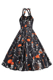 Halloween Black Halter Pompoen Bedrukte jaren 1950 Jurk