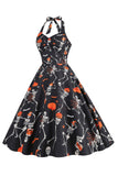 Halloween Black Halter Pompoen Bedrukte jaren 1950 Jurk