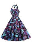 Halloween Black Halter Pompoen Bedrukte jaren 1950 Jurk