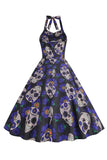 Halloween Black Halter Pompoen Bedrukte jaren 1950 Jurk