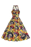 Halloween Black Halter Pompoen Bedrukte jaren 1950 Jurk