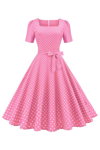 Roze Polka Dots Korte Mouwen 1950s Jurk
