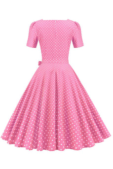 Roze Polka Dots Korte Mouwen 1950s Jurk
