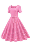 Roze Polka Dots Korte Mouwen 1950s Jurk