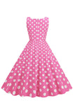 Polka Dots Roze Mouwloze Jaren 1950 Jurk