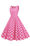 Polka Dots Roze Mouwloze Jaren 1950 Jurk