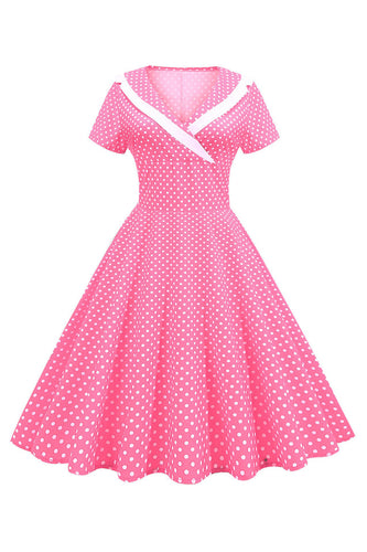 Roze Polka Dots V-hals Korte Mouwen 1950s Jurk